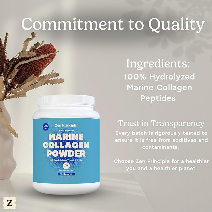 Zen Principle Marine Collagen Peptides Powder 1.5 lb. Wild-Caught Fish Non-GMO. Supports Healthy Skin Hair Joints and Bones.Hydrolyzed Types I II III and IV Protein. Amino Acids. Easy to Mix.