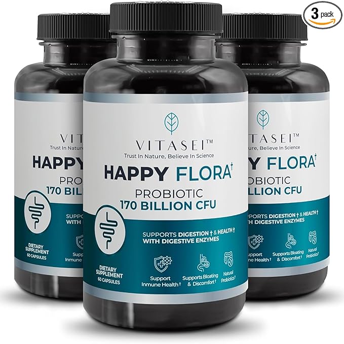 VITASEI Happy Flora Probiotic Supplement 170 Billion CFU for a Healthy Gut Health with enzymes for Digestion probiotics for Women and Men 3 Bottle - 180 Capsules