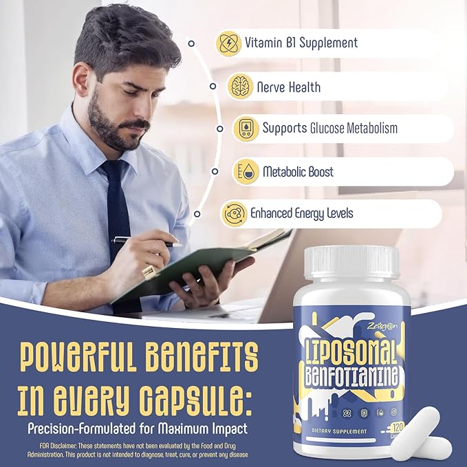 Zaigon Benfotiamine Thiamine Vitamin B1 Supplement 600mg Liposomal Fat Soluble VIT B1 with Alpha-Lipoic Acid for Men &amp Women Energy Boost Glucose Metabolism &amp Nerve Support (360 Vegan Capsu