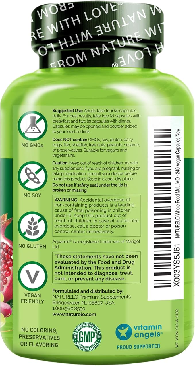 NATURELO Whole Food Multivitamin for Women - with Vitamins Minerals &amp Organic Extracts - Supplement for Energy and Heart Health - Non GMO - 240 Vegan Capsules