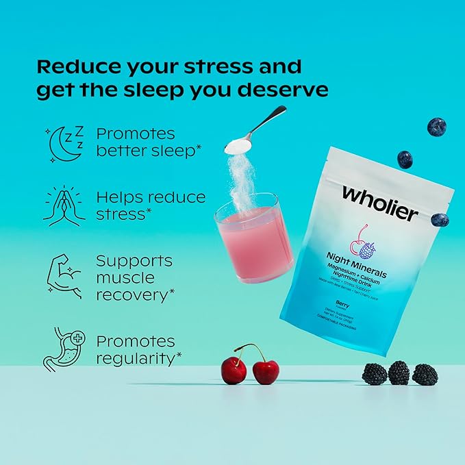 wholier Magnesium Glycinate Tart Cherry Juice Chelated Calcium. Calming Nighttime Drink. Natural Support for Sleep Stress + Relaxation. Night Minerals. (About 25 Servings)