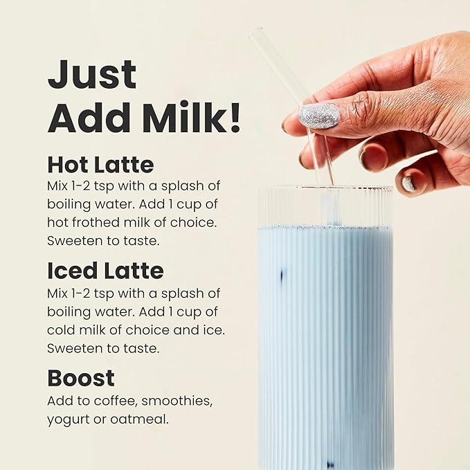 Blume Blue Lavender Superfood Latte Powder – Organic Lavender Tea Powder Blue Spirulina Blue Butterfly Pea Flower Tea Chamomile Coconut Milk - Caffeine Free Vegan 1g Sugar - 25 Servings