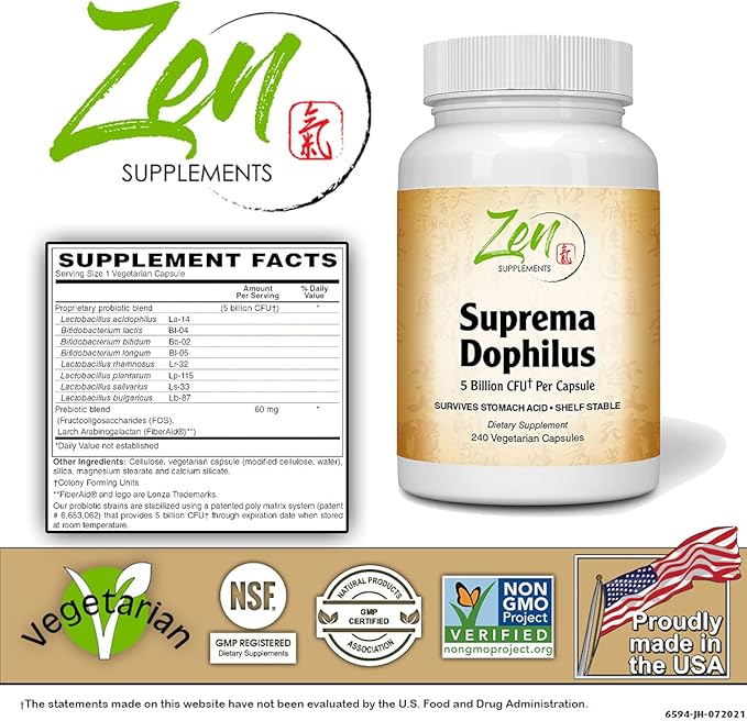 Zen Supplements - Suprema-Dophilus - 5 Billion CFU Probiotic - 8 Strains - Shelf Stable and Acid Resistant - Supports Gastrointestinal &amp Immune Health 240-Caps