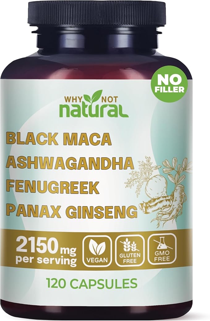 Why Not Natural 4-in-1 Organic Black Maca Root Ashwagandha Fenugreek Panax Ginseng Capsules Supplement for Men and Women