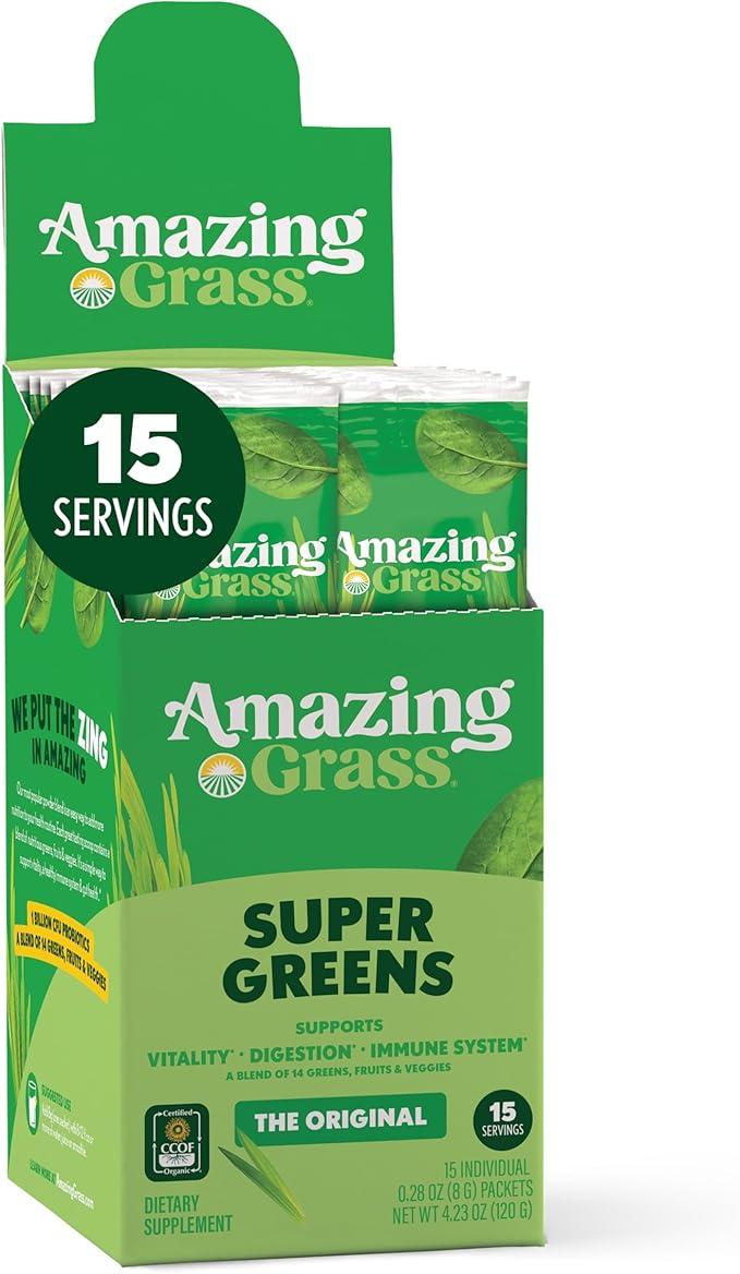 Amazing Grass Greens Blend Superfood: Super Greens Powder Smoothie Mix with Spirulina Chlorella Beet Root Powder Digestive Enzymes Prebiotics &amp Probiotics Original 15 Servings (Packaging May