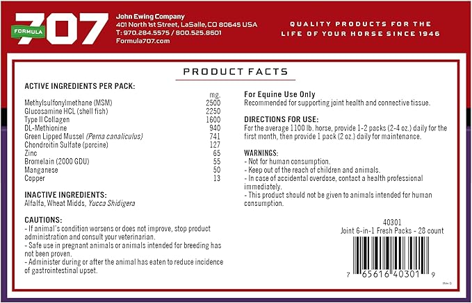 Formula 707 Joint 6in1 Equine Supplement Daily Fresh Packs – Support for Joint Integrity and Inflammatory Response in Horses – Green-Lipped Mussel MSM Glucosamine Chondroitin &amp Collagen