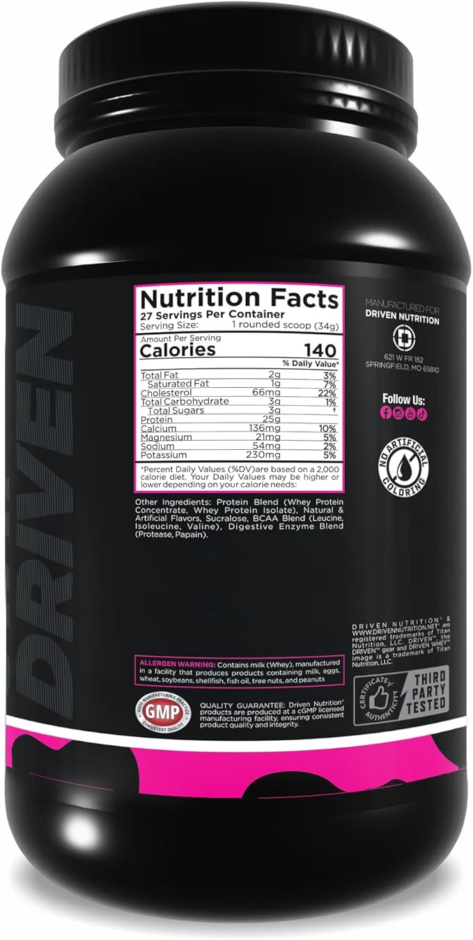 Driven WHEY- Whey Protein Powder: Delicious Clean Protein Shake- Improve Muscle Recovery with 23 Grams of Protein with Added BCAA and Digestive Enzymes (2lb Cookies &amp Cream)