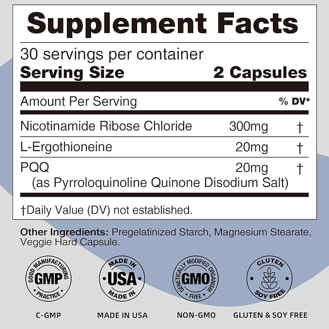 NR Nicotinamide Riboside Supplement 300mg Supports NAD+ Boosting 60 Capsules with L-Ergothioneine and PQQ for Cell Health &amp Healthy Aging