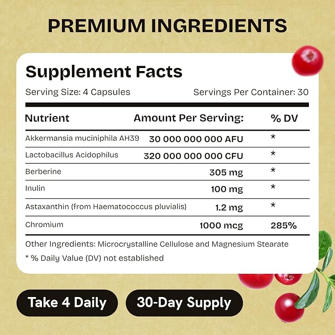 Akkermansia Muciniphila Probiotics | Probiotic and Prebiotic with Akkermansia Probiotics for gut health* | Inulin Prebiotic Fiber Capsules Astaxanthin &amp Berberine &amp Chromium | 240 capsules 2 p