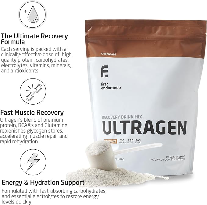 FIRST ENDURANCE Ultragen Workout Recovery Drink Powder Protein Mix Boosts Energy Accelerates Recovery | Chocolate 15 Servings