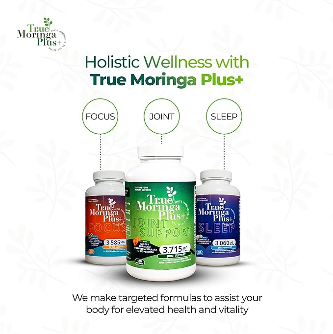 True Moringa Plus+ Joint Support Supplement 10:1 Extract | 20000mg of Organic Moringa Turmeric Curcumin Ginger Boswellia BioPerine | Extra Strength Herbal Antioxidant for Adults (150 Capsules)