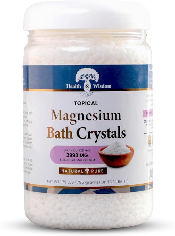 Health and Wisdom Magnesium Bath Crystals - Bath Salts with High Concentration &amp Enhanced Absorption for Muscle &amp Joint Relief - Dead Sea Sourced - Unscented - 1.75 lbs - Up to 14 Uses