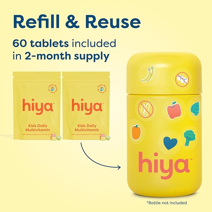 HIYA Kids Multivitamin Tablets – 15+ Essential Vitamins &amp Minerals with Fruits &amp Veggies for Ages 2+ Supports Growth Development &amp Immune 0g Sugar – 60 Day Refill Supply for Toddlers &a