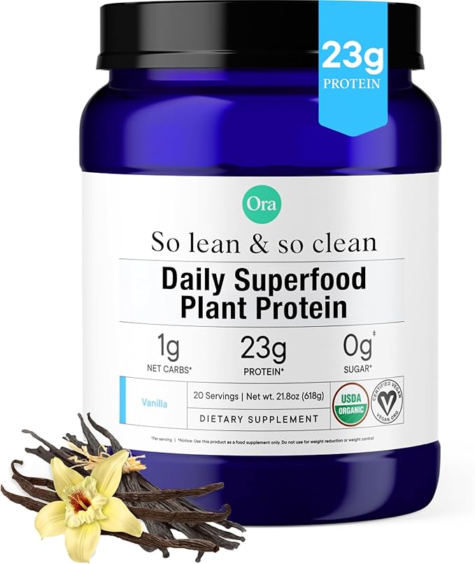 Ora Organic Plant-Based Protein Powder - 23g Protein for Women and Men - Vanilla Flavor 20 Servings Vegan Clean Protein Third-Party Tested Gluten-Free - 20 Servings