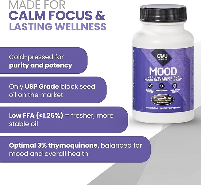 Mood Support Supplement with Full-Spectrum Cold Pressed Black Seed Oil with 3% Thymoquinone | Stress Emotional Balance &amp Serotonin Support Brain Supplement for Men &amp Women 60 Softgels