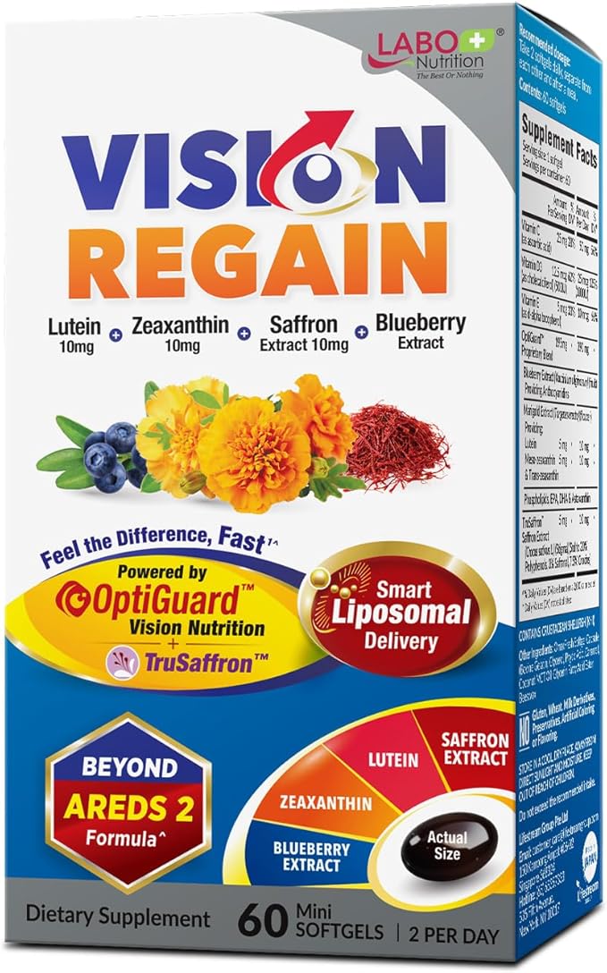 LABO Nutrition VisionREGAIN Eye Vitamin Beyond AREDS 2 Formula with Lutein Zeaxanthin Saffron Extract Blueberry for Macular and Retinal Health Eye Fatigue Night Vision Support 60 Counts
