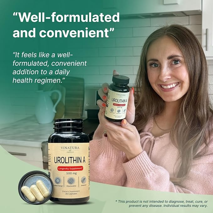 VINATURA Urolithin A Supplement 500mg - Urolithin A+ for Powerful Antioxidants Anti Aging and Mitochondrial Support 30 Capsules