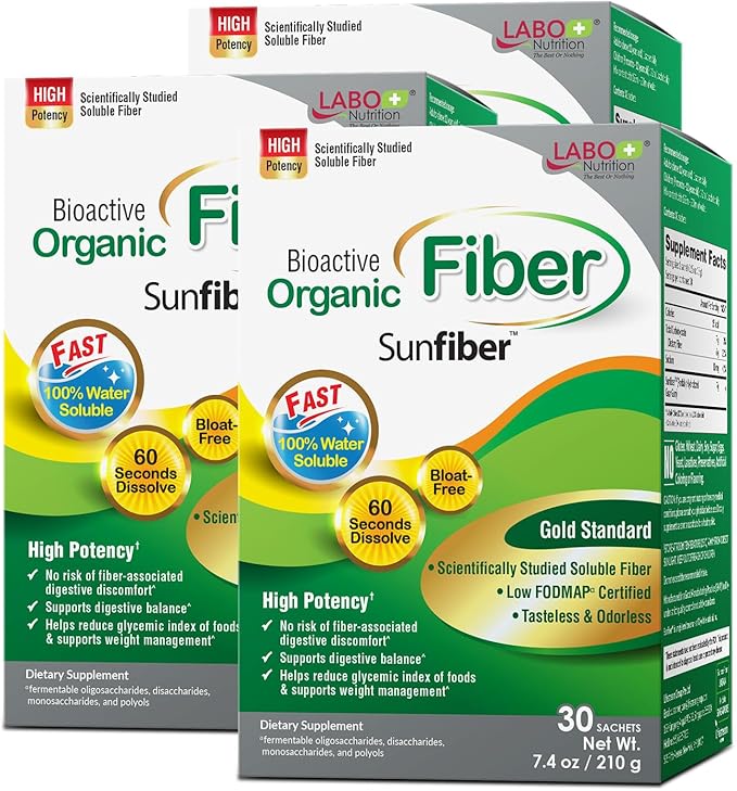 LABO Nutrition Bioactive Organic Fiber – Sunfiber PHGG Soluble Prebiotic Fiber - Digestive Regularity &amp Gut Health – Partially Hydrolyzed Guar Gum Low FODMAP Unflavored Vegan Non-GMO 30 Sache