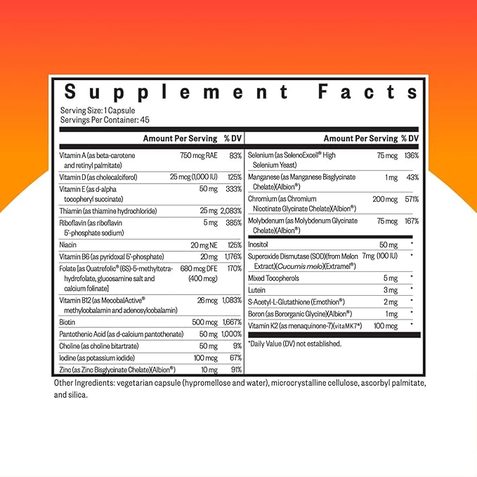 Seeking Health Multivitamin One - Supplement with Zinc Vitamin B12 &amp Vitamin A - Magnesium-Free Formula - Multivitamin Supports Methylation &amp Healthy Aging - 45 Capsules