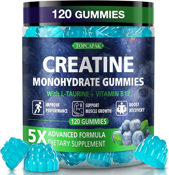 Creatine Gummies for Men &amp Women - Chewable Creatine Monohydrate Gummies with Taurine &amp Vitamin B12 5g Creatine per Serving Blueberry Flavor Raspberry-Shaped - 120 Count