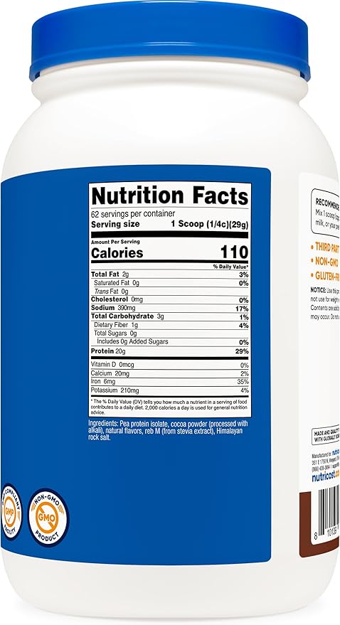 Nutricost Pea Protein Powder (4 LBS) Chocolate - 20g of Vegan Pea Protein Isolate GMO-Free Gluten-Free 62 Servings
