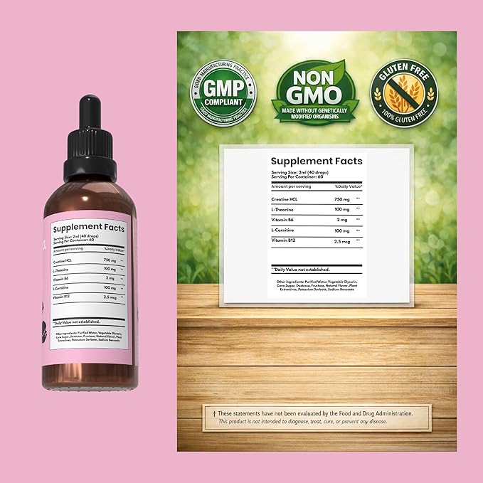 Creatine HCL Liquid Drops for Men &amp Women - 2ml Per Serving L-Theanine Vitamin B12 &amp B6 L-Carnitine - High Absorption 4 Fl Oz (120ml) (4 FL OZ Cotton Candy)
