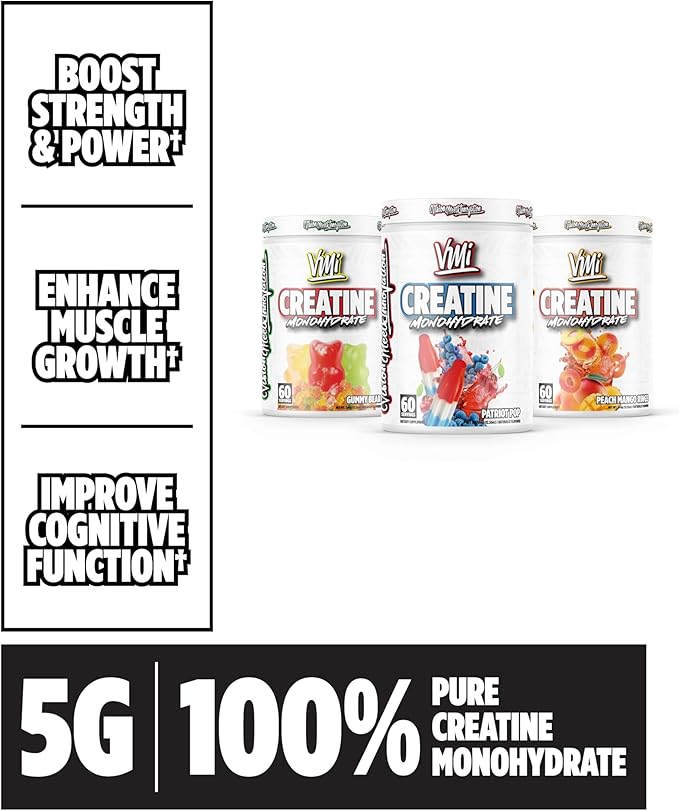 VMI Sports Creatine Monohydrate Powder Muscle Mass – Strength – Size – Power | 5 Grams per Serving (60 Servings Gummy Bear)
