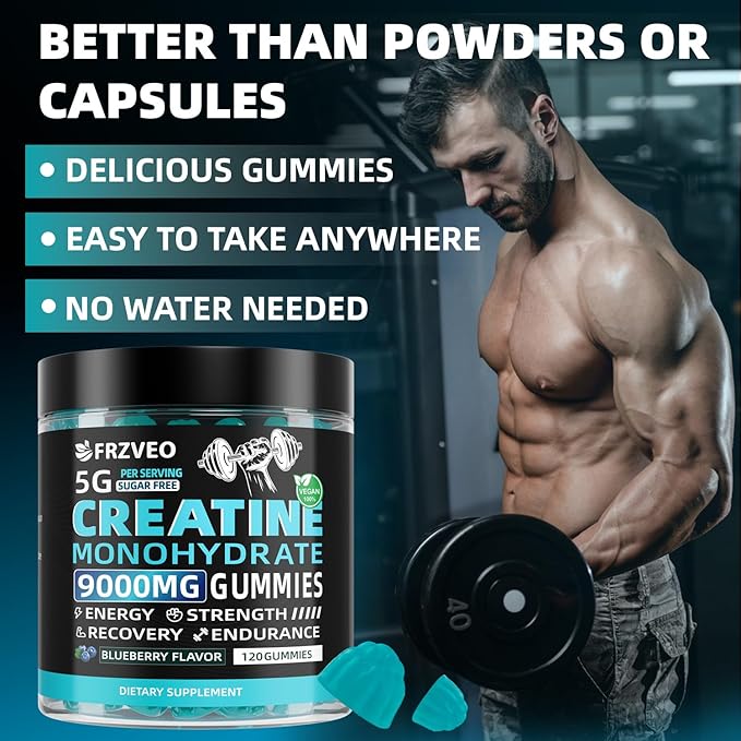 Creatine Monohydrate Gummies 9000mg for Men &amp Women Potent Creatine Supplement 5g Chewables Creatine Per Serving Pre-Workout Gummies for Enhanced Strength Energy &amp Muscle Growth - 120 Count