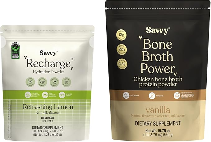 SAVVY Bone Broth Power Vanilla Protein Powder 22g Protein 12g Collagen &amp Recharge Electrolyte Powder Sugar Free Conscious Hydration Drink with Sodium Magnesium Potassium Glycine Lemon Flavo
