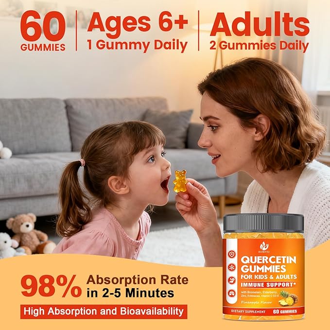 (2 Pack) Sugar Free Quercetin with Bromelain Gummies for Kids &amp Adult - Immune Antioxidant Seasonal Support 1000mg Quercetin Supplements with Bromelain Zinc Elderberry Vitamin C D3 E 120 Co