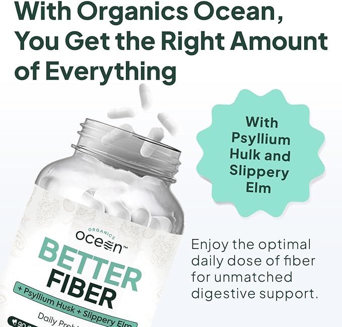 Organics Ocean Better Fiber - Daily Fiber Supplement - Soften Stool for Effortless Bowel Movements - with Psyllium Hulk and Slippery Elm - 6 Bottles (Pack of 2)