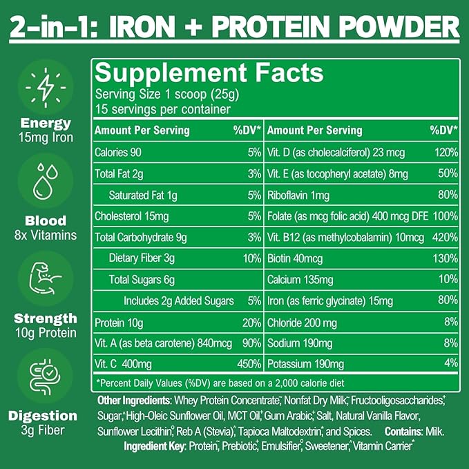 Smart Eats - Iron Powder | Highly Absorbed | Avoids Side Effects | Complete Nutrition: Protein Vitamins Fiber | Tasty Drinks &amp Shakes | Boost Hemoglobin Ferritin | Vanilla Flavor | 15 Scoops