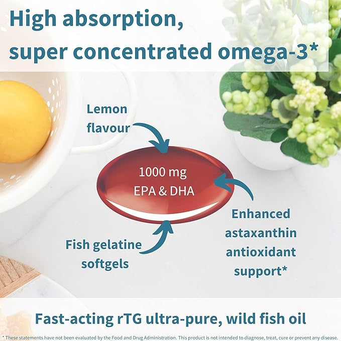 Igennus Ultra Pure Omega 3 Triglyceride rTG Wild Fish Oil 1360mg IFOS Certified EPA DHA 1000mg Plus Astaxanthin Non-GMO for Men &amp Women 180 Softgels
