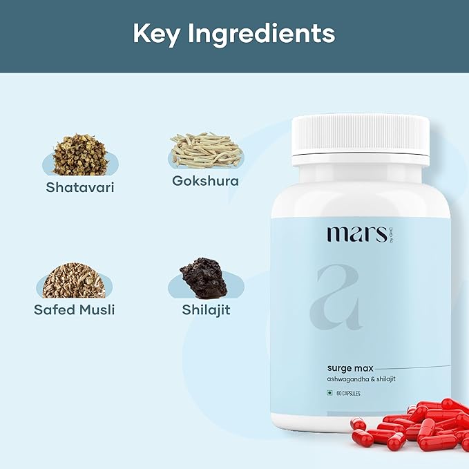 mars by GHC Surgemax Natural Capsules with Shilajit &amp Safed Musli | Supports Energy Strength &amp Immunity | for Active Lifestyle | 120 Capsules | Pack of 2