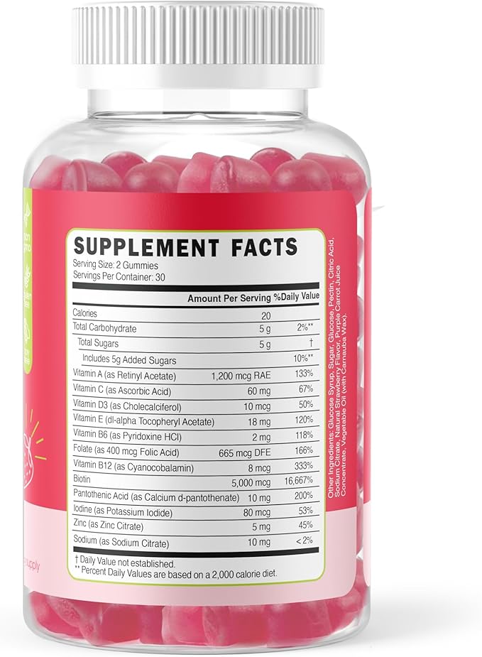 Hair Growth Gummies with Biotin 5000mcg + Vitamins C E &amp Zinc - Helps Prevent Hair Thinning &amp Loss - Stronger Hair Skin &amp Nails - Vegan Non-GMO - 60 Strawberry Gummies for Women &amp M