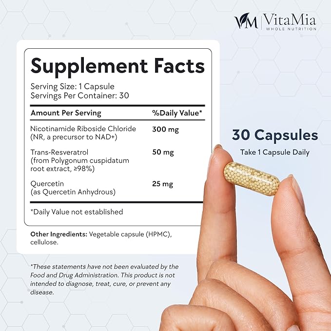 VitaMia NAD+ Complex Booster 30 Capsules – NAD Supplement with Nicotinamide Riboside Resveratrol &amp Quercetin for Cellular Energy Focus &amp Healthy Aging Support – NAD Plus Formula for Men &am