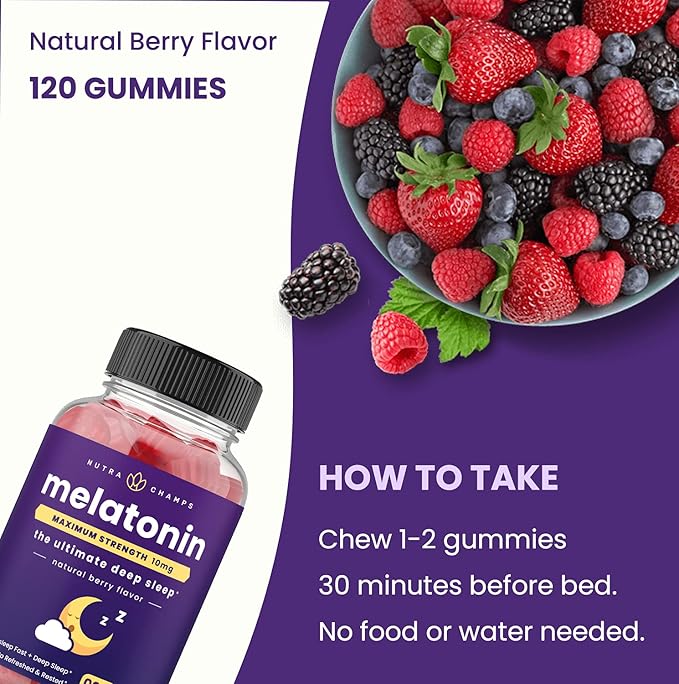 NutraChamps (Pack of 2 Melatonin Gummies for Adults Extra Strength Sleep Aid Vitamins 5mg or 10mg Dose Vegan Natural Strawberry Flavor Supplement for Better Sleep 120 Gummies
