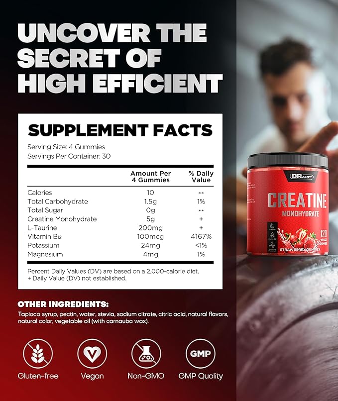99.99% Creatine Monohydrate Gummies More 15% Strength 5X Energy &amp Muscle Support Pre-Workout Complex Creatine for Women &amp Men with 5000mg Creatine L-Taurine B12 Mg &amp K 0 Sugar Vegan