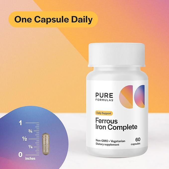 Ferrous Iron Complete: 29 mg Iron Supplement Iron with Vitamin C Vitamin B12 B6 Thiamin and Folate Blood Support Supplement for Men &amp Women Without GI Side Effects - 60 Capsules