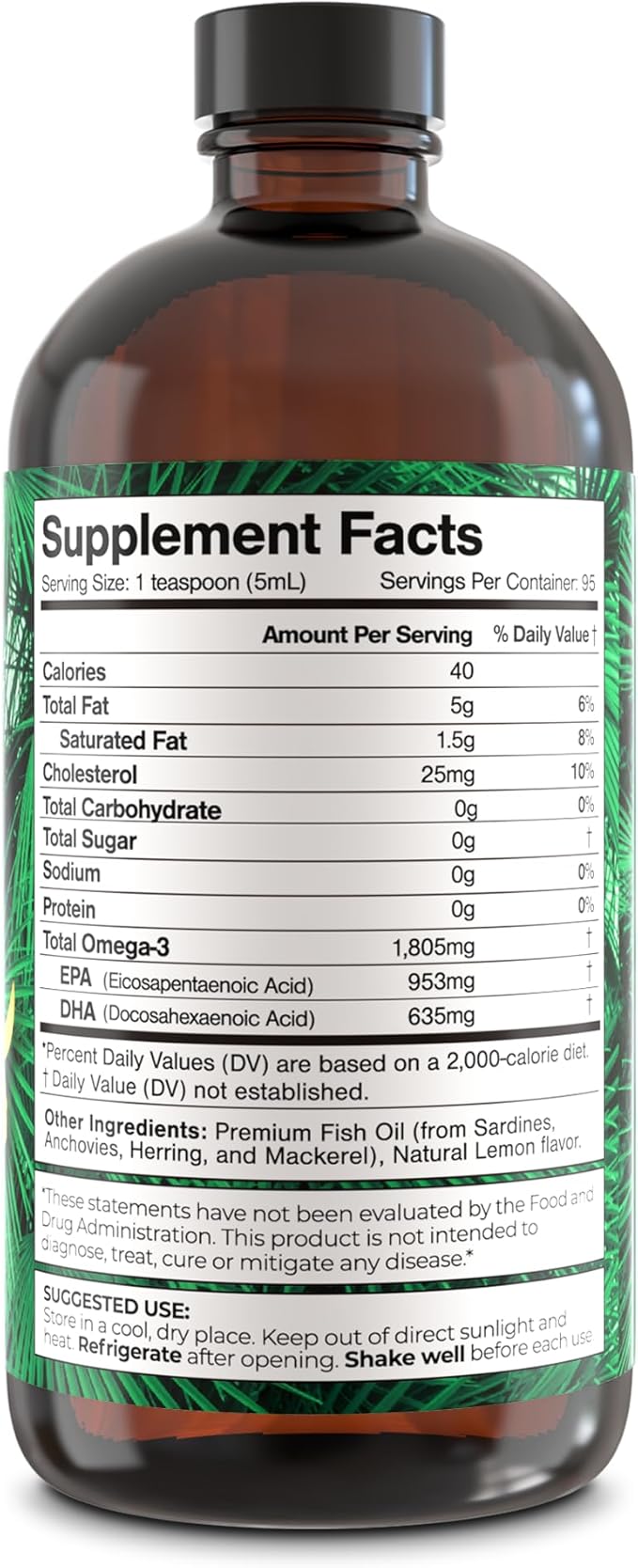 Premium Omega-3 Fish Oil Liquid Supplement | 1805mg EPA &amp DHA per Serving | Brain Heart &amp Joint Support | High Absorption No Fishy Burps | Natural Lemon Flavor | 16.1oz | 96 Servings