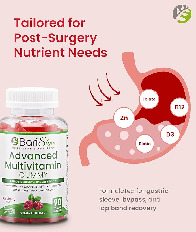BariSlim Advanced Bariatric Multivitamin Gummies - Specially Formulated Bariatric Vitamins for Patients After Weight Loss Surgery - Supports Energy &amp Immune Health | Raspberry (90 Vegan Gummies)