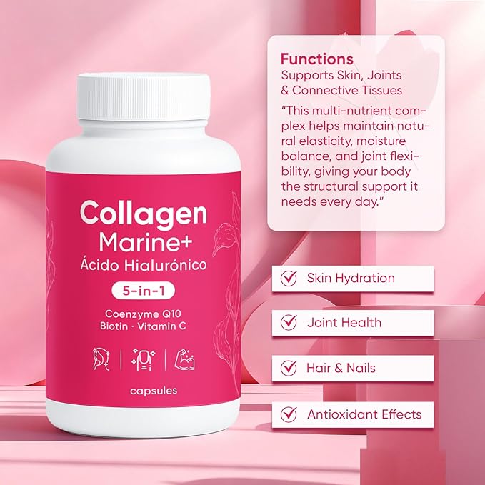 Hydrolyzed Marine Collagen + Hyaluronic Acid Formula – 5-in-1 Beauty &amp Wellness Blend with CoQ10 Biotin &amp Vitamin C – Vegan Friendly Non-GMO 150 Capsules