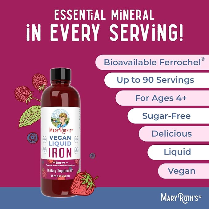 MaryRuth's Liquid Morning Multivitamin Raspberry (32oz) &amp Iron Liquid Supplement (Berry) | Clean Label Project Verified® | Vegan Non-GMO Sugar-Free | Energy Beauty &amp Overall Health