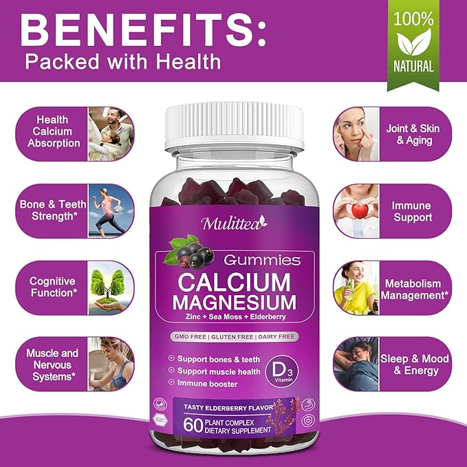 Calcium Magnesium Zinc Gummies with High Absorption Magnesium Glycinate Potassium -Plant Calcium Supplement w/ D3 &amp Sea Moss for Bone Muscles Calm Mood &amp Sleep Support- Kids &amp Adults (2