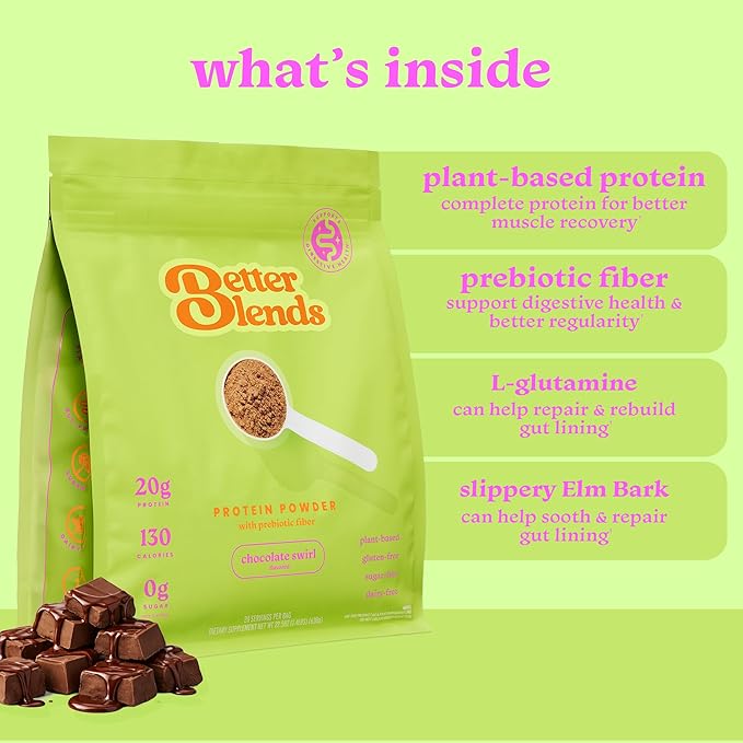 Gut-Friendly Protein Powder + Shaker Bottle for Sensitive Stomachs Low FODMAP 20g Vegan Pea &amp Rice Protein with Prebiotic Fiber Dairy &amp Gluten Free No Gums or Sugar Chocolate Swirl