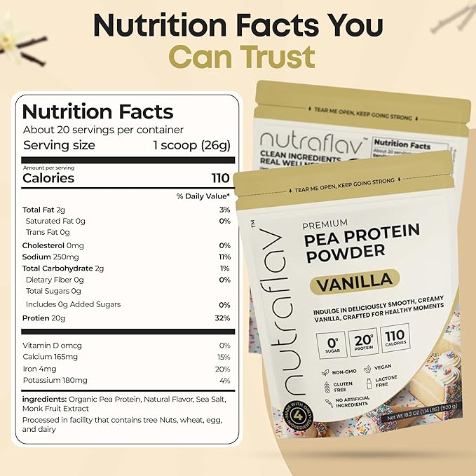 Vegan Vanilla Protein Powder - Plant Based Pea Protein Powder - 20g Protein Per Serving with 4 Ingredients - Iron-Rich Easy to Digest - No Added Sugar - Great for Shakes &amp Smoothies - 20 Servings