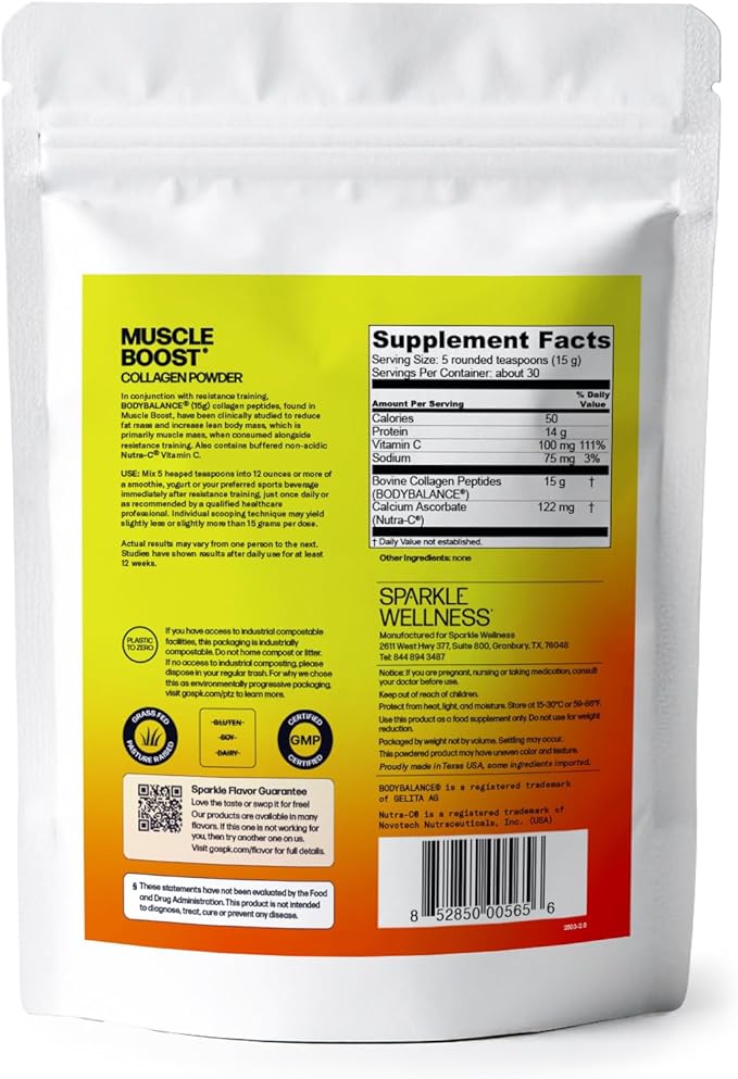 Sparkle Wellness BODYBALANCE Bioactive Collagen Peptides | Collagen Powder Supplement with Hydrolyzed Collagen Peptides &amp Buffered Vitamin C | Muscle Boost (No Flavor) [30-Serves]