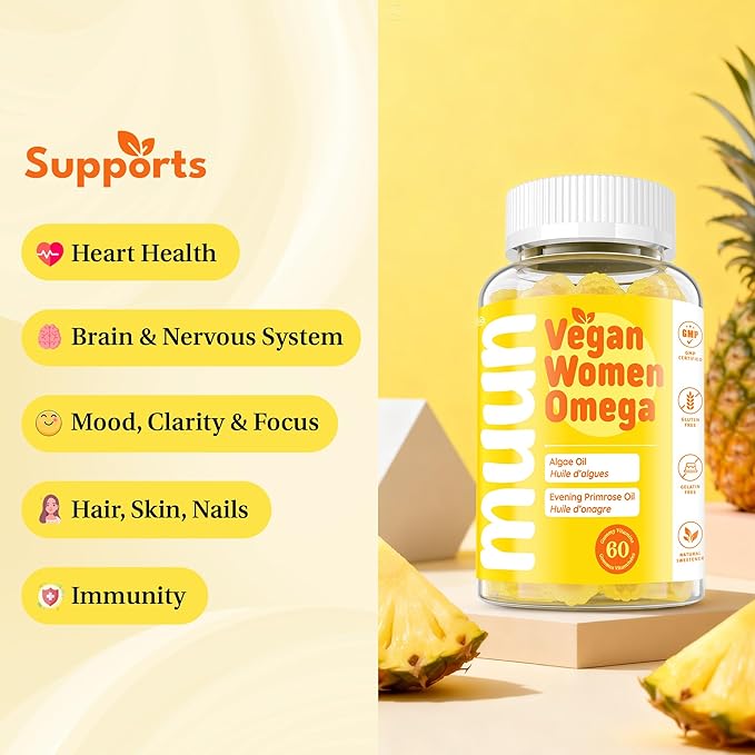 Women Vegan Omega 3-6-7 Gummies (60 ct) 1000mg Algae Oil DHA EPA Sea Buckthorn Evening Primrose Oil No Added Sugar Supplement Fish Oil Alternative for Adults