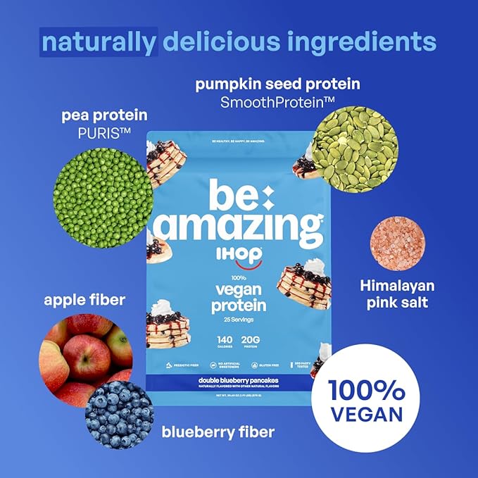 BE AMAZING Vegan Protein Powder IHOP Double Blueberry Pancakes 20g Plant Based Protein with Prebiotic Fiber Low Carb Dairy and Gluten Free Shake Mix No Added Sugar 29.3 oz 25 Servings