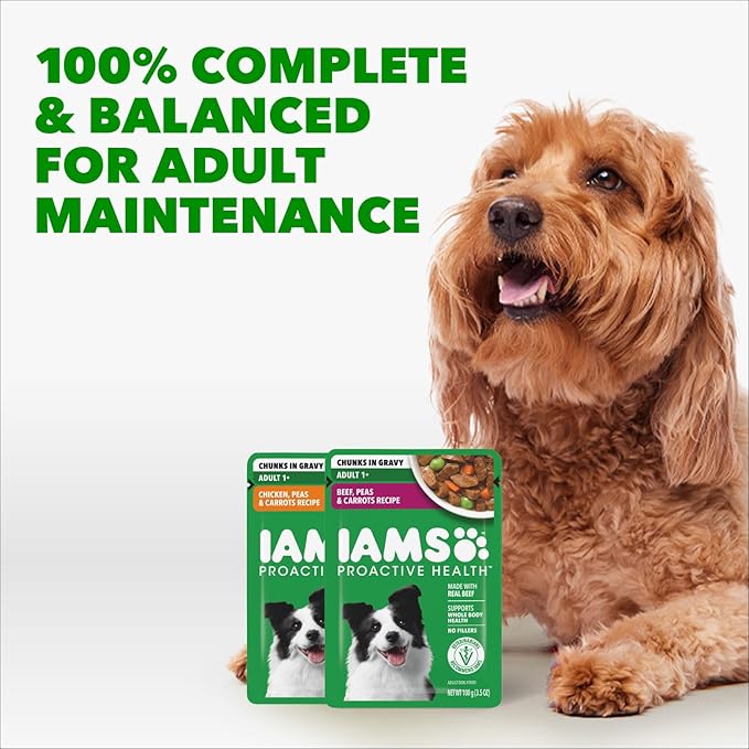 IAMS Proactive Health Adult Wet Dog Food Beef Peas and Carrots Recipe 3.5 oz. Pouch (16 Count Pack of 1)
